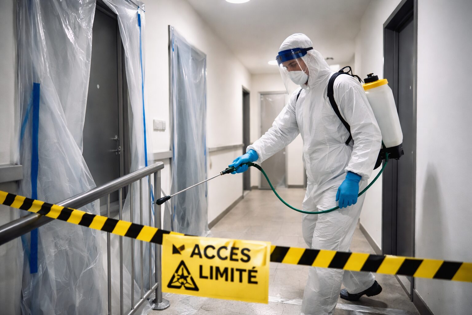 Technicien équipé de protections pulvérisant un désinfectant sur une rambarde dans un couloir d’immeuble, zone sécurisée par rubalise et bâches.