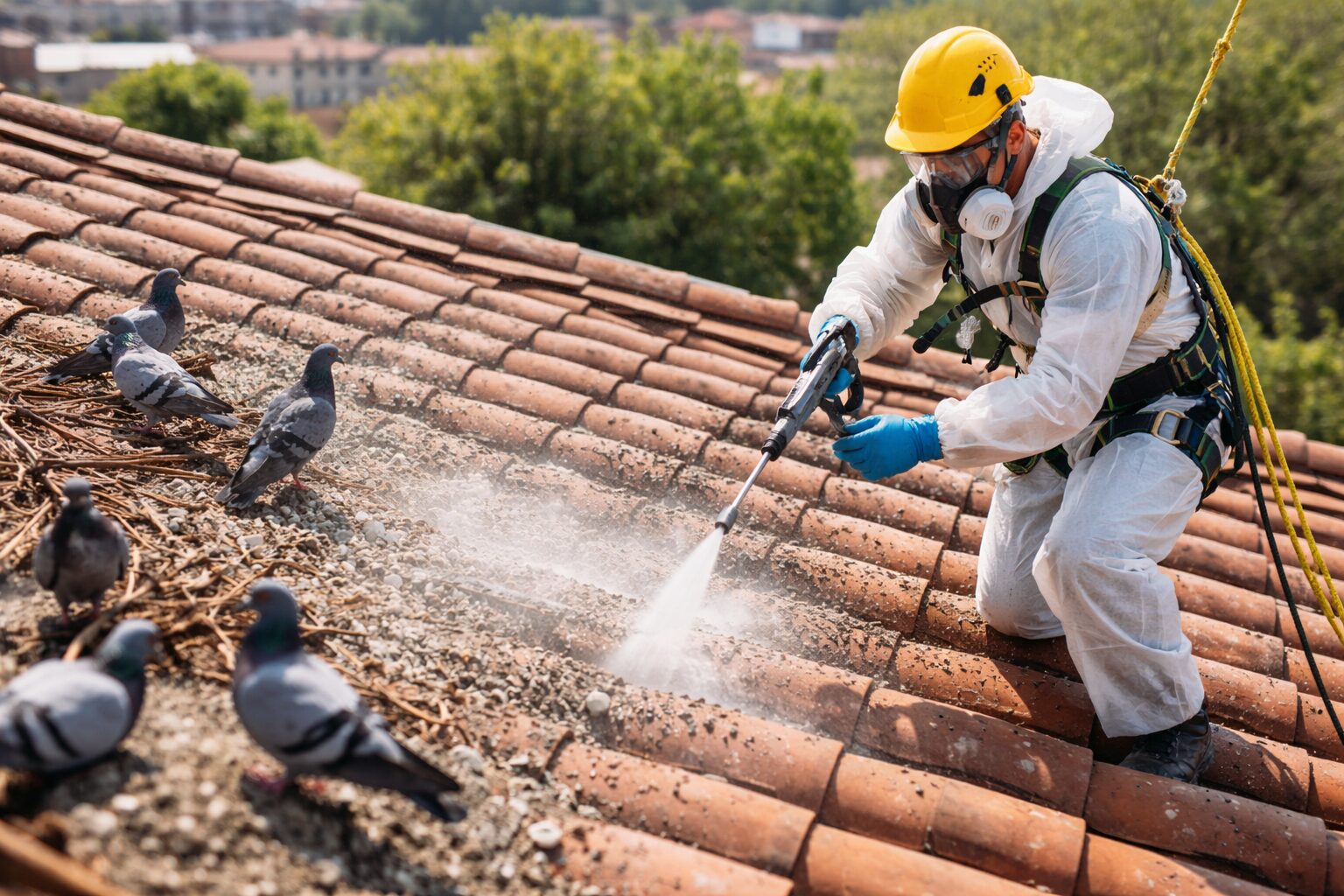 Intervention professionnelle avec équipement de protection pour éliminer des fientes de pigeon sur une toiture en tuiles, en limitant les risques sanitaires et les projections