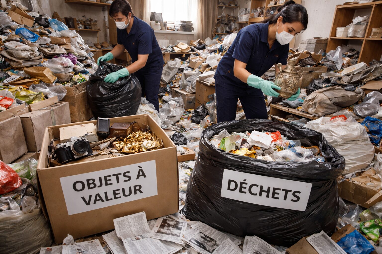 Deux intervenants trient un appartement très encombré, en séparant une caisse d’objets à valeur et un sac de déchets.