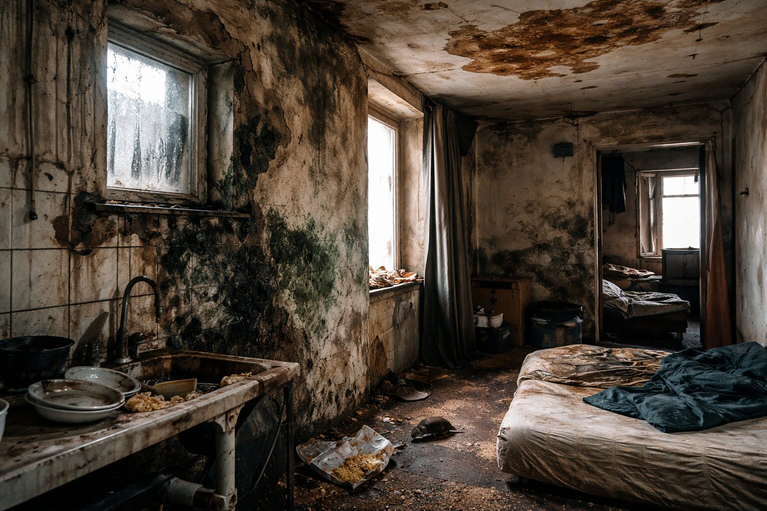 Pièce d’un logement insalubre avec murs humides et moisissures, plafond dégradé, fenêtre embuée, évier sale et matelas usé au sol
