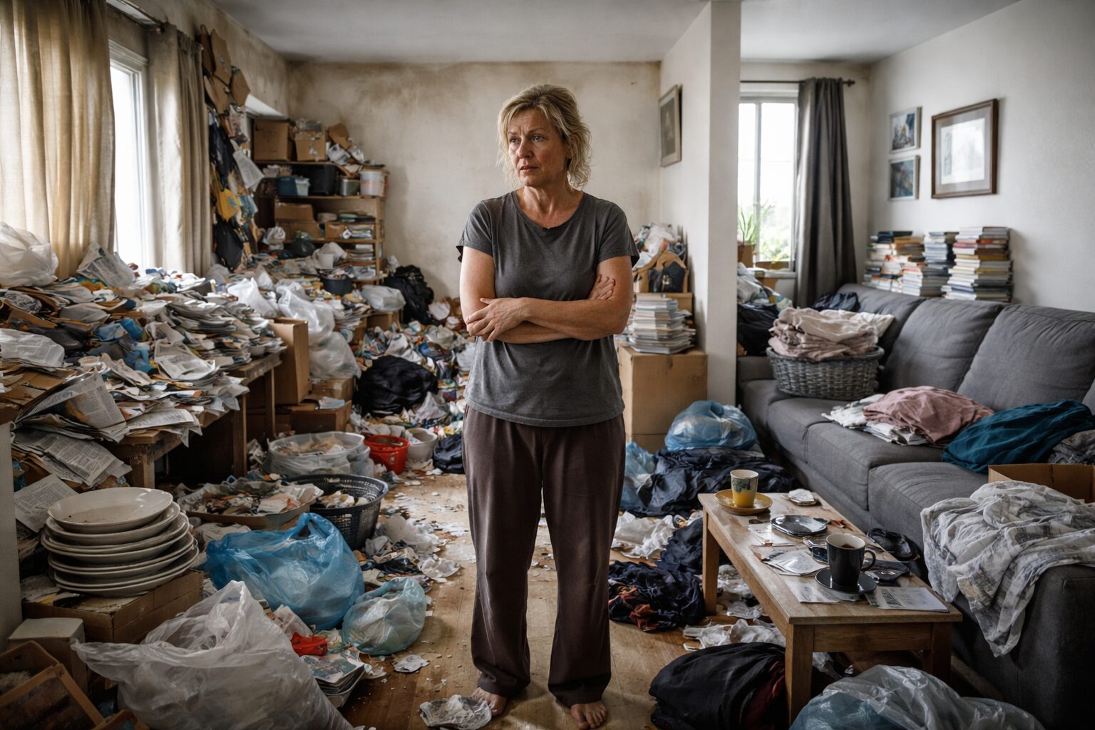 Photo horizontale d’un salon très encombré, montrant un contraste entre accumulation extrême et désordre plus gérable, avec une personne au centre.