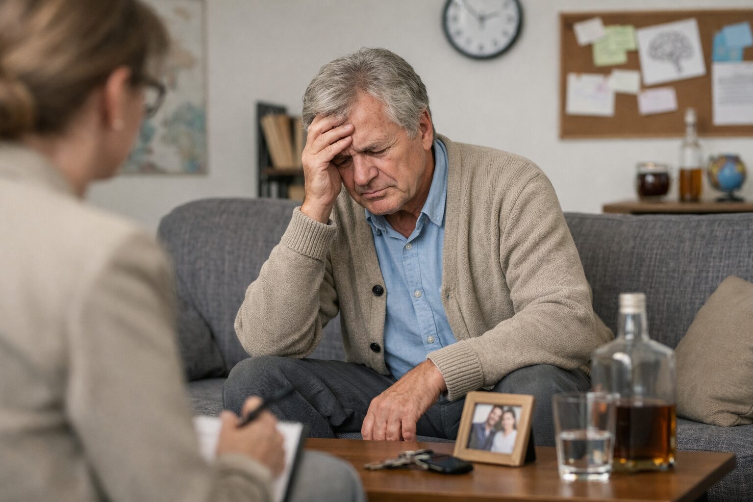 Homme assis sur un canapé en cabinet de consultation, la tête dans la main, avec un carnet et des clés sur la table, illustrant la confusion et les troubles de la mémoire