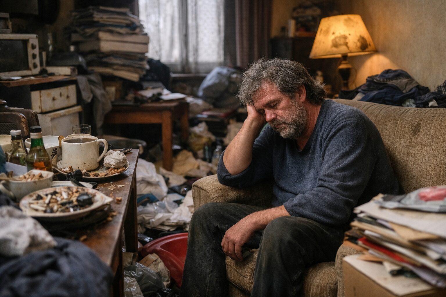Homme fatigué assis sur un canapé dans un salon très encombré, avec vaisselle sale, piles d’objets et désordre, évoquant des signes précoces de négligence du logement