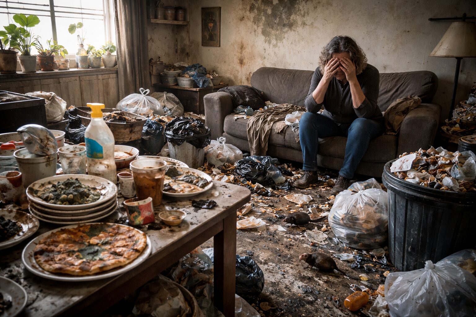 Intérieur d’un logement en situation d’incurie domestique avec déchets accumulés, vaisselle sale, humidité et nuisibles illustrant les risques liés à l’insalubrité