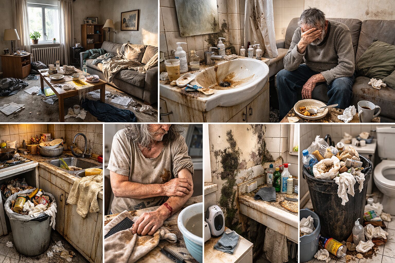 Photo horizontale d’un logement peu encombré mais très sale, avec surfaces encrassées, traces d’humidité et salle de bain dégradée, illustrant une hygiène effondrée sans accumulation visible.