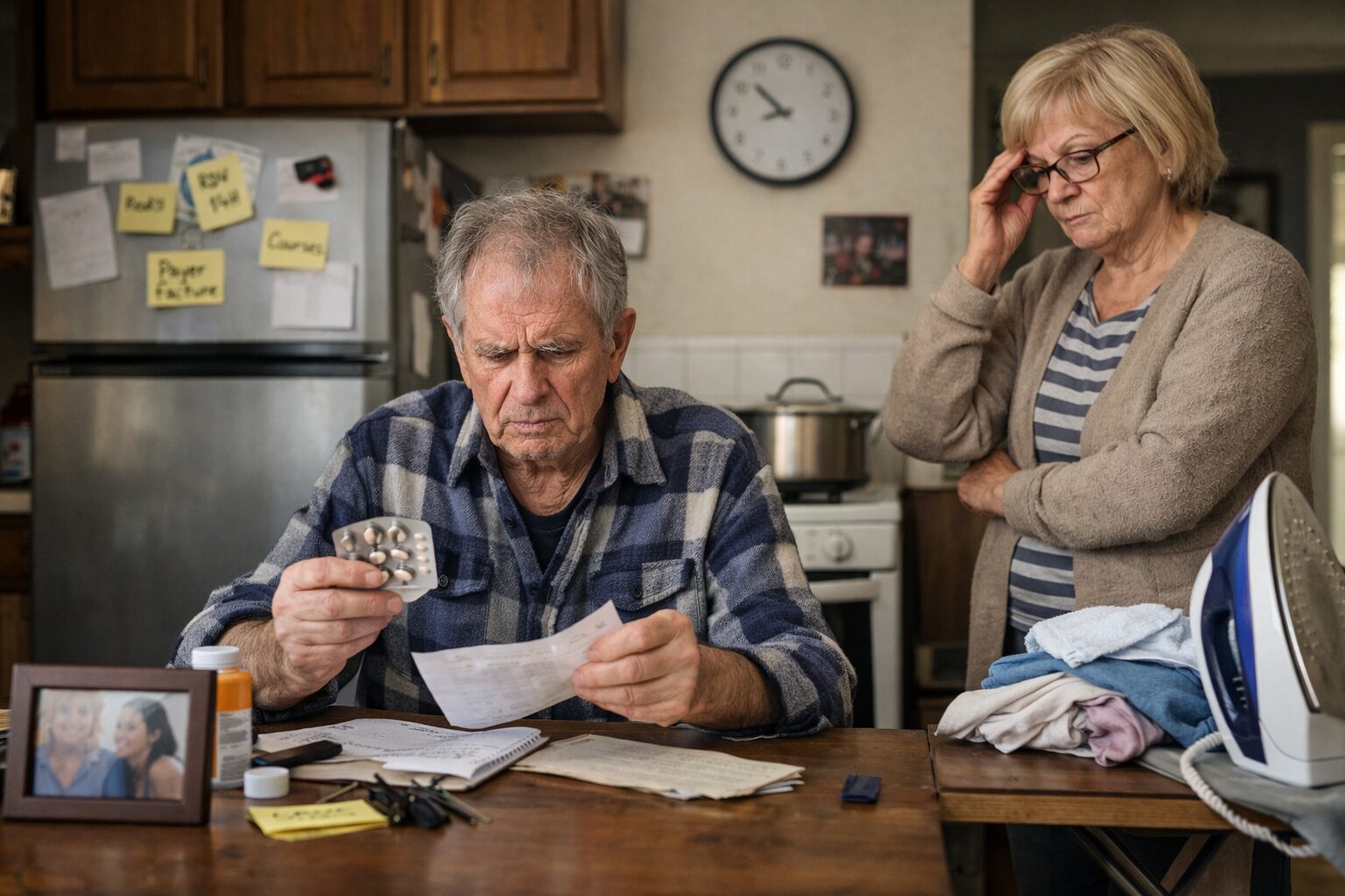 Un homme âgé examine un paquet de médicaments avec confusion, tandis que sa femme, inquiète, le regarde depuis l'arrière-plan dans leur cuisine.