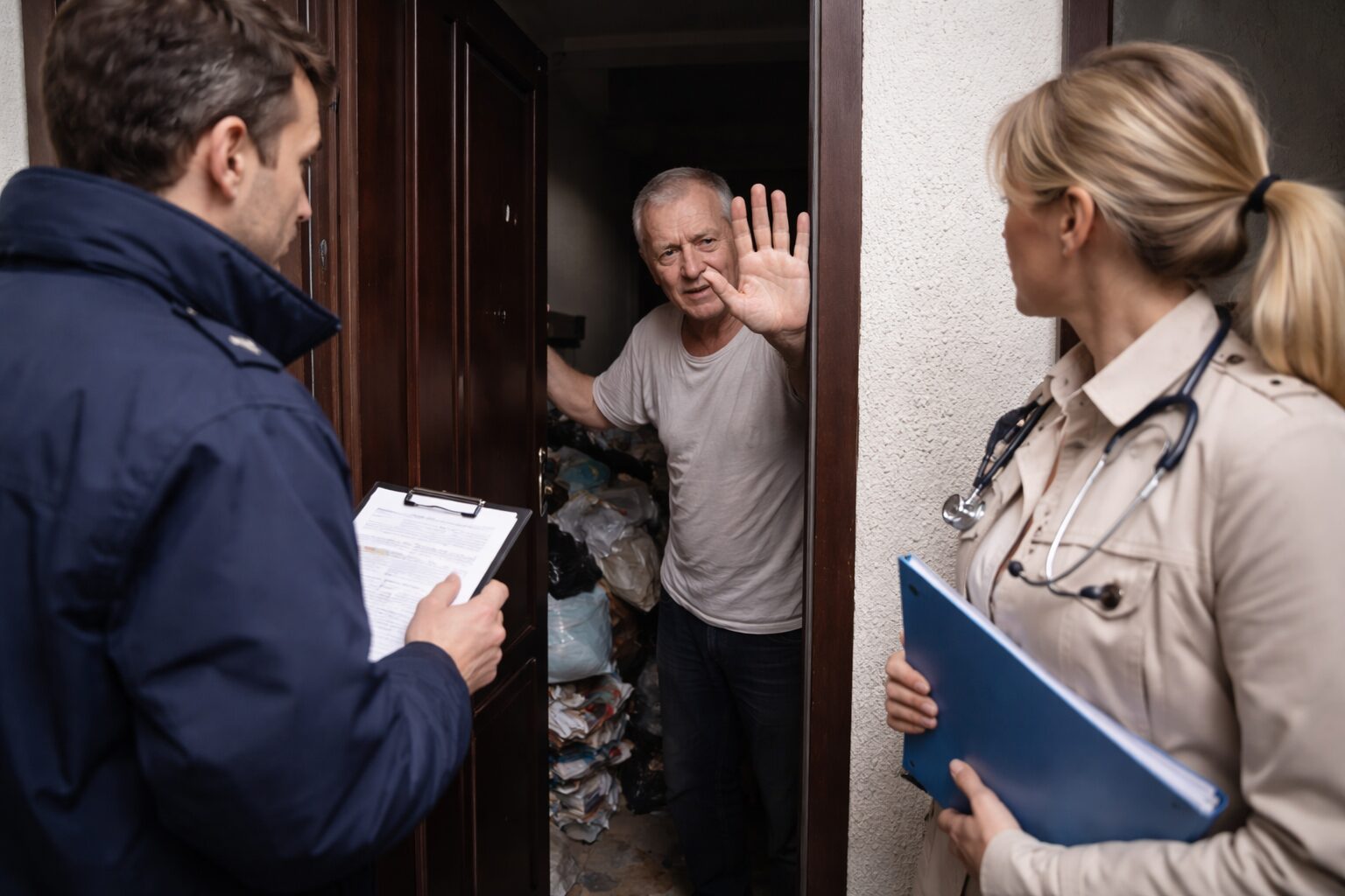 Un occupant refuse l’entrée de son logement à des professionnels malgré un contexte de risque sanitaire visible dans l’appartement