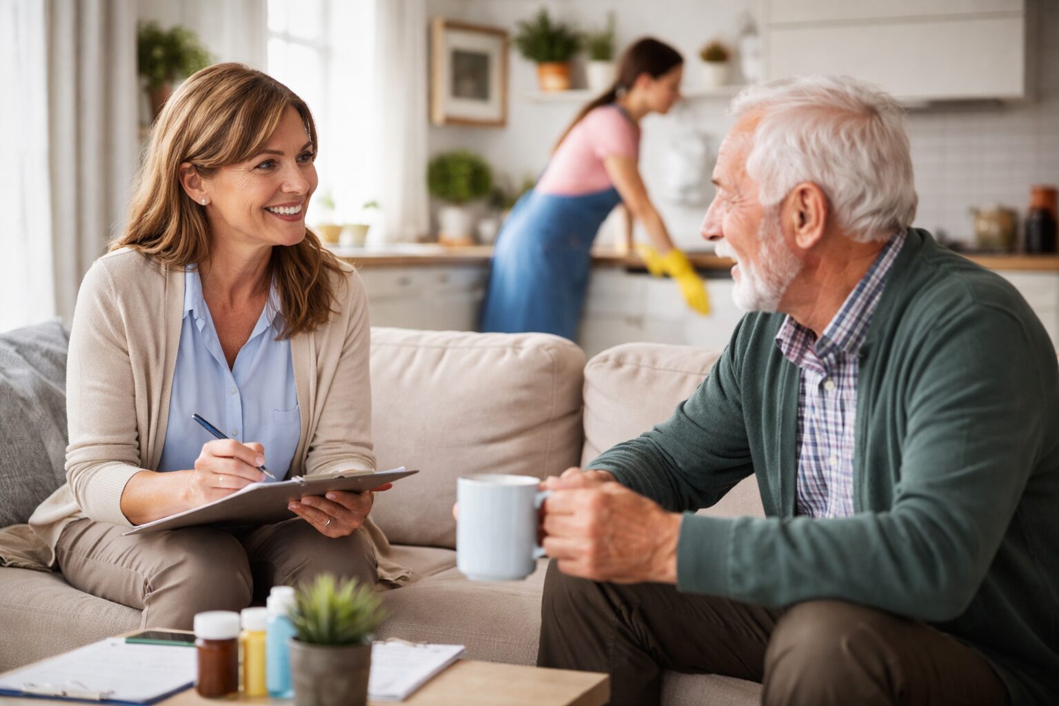 Assistante sociale échange avec un senior dans un salon propre pendant qu’une aide à domicile nettoie la cuisine en arrière-plan