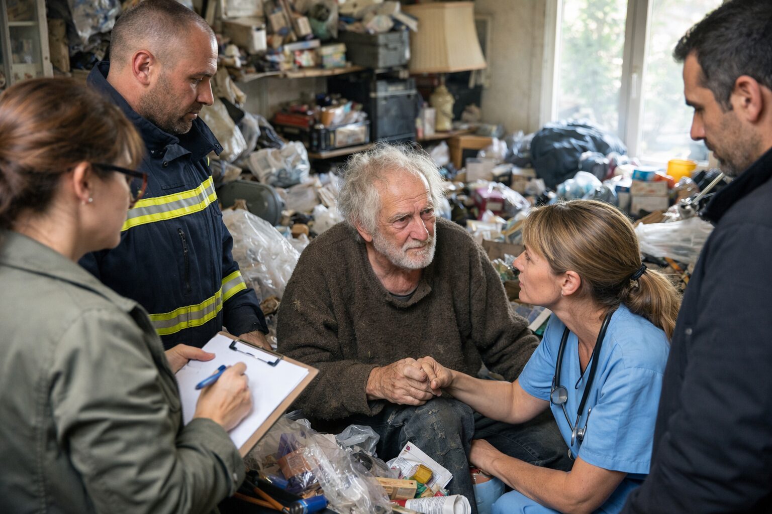 Équipe de professionnels accompagnant un homme âgé dans un logement fortement encombré dans le cadre d’un encadrement du syndrome de Diogène