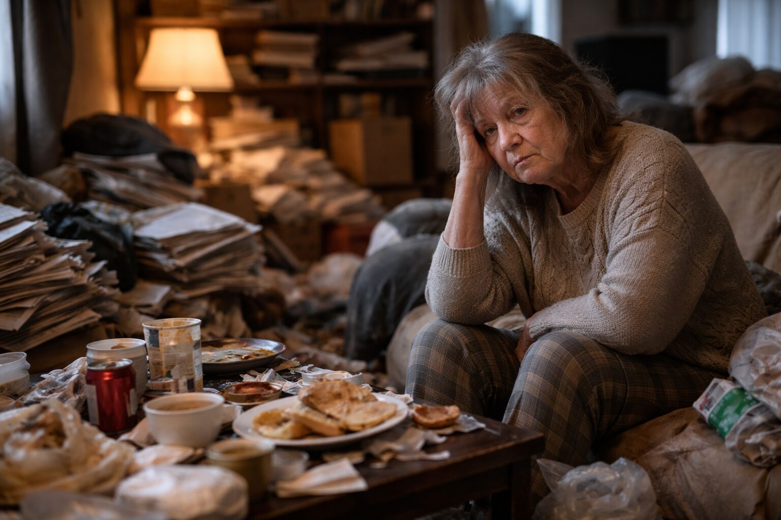 Femme âgée assise dans un salon très encombré de papiers, emballages et objets, expression fatiguée, ambiance sombre évoquant l’isolement et la négligence