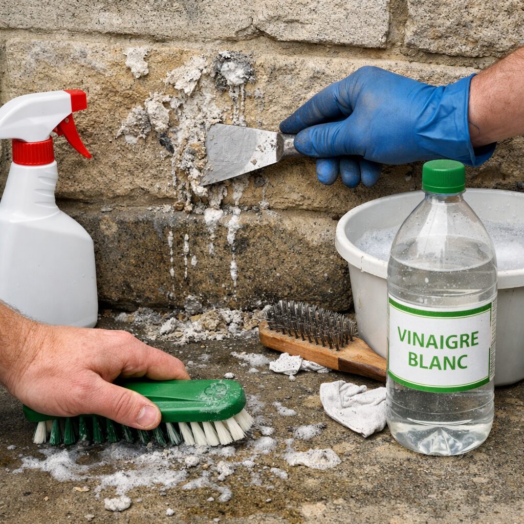 Nettoyage de fientes sèches incrustées sur un mur en pierre avec brosse, pulvérisateur et outils adaptés