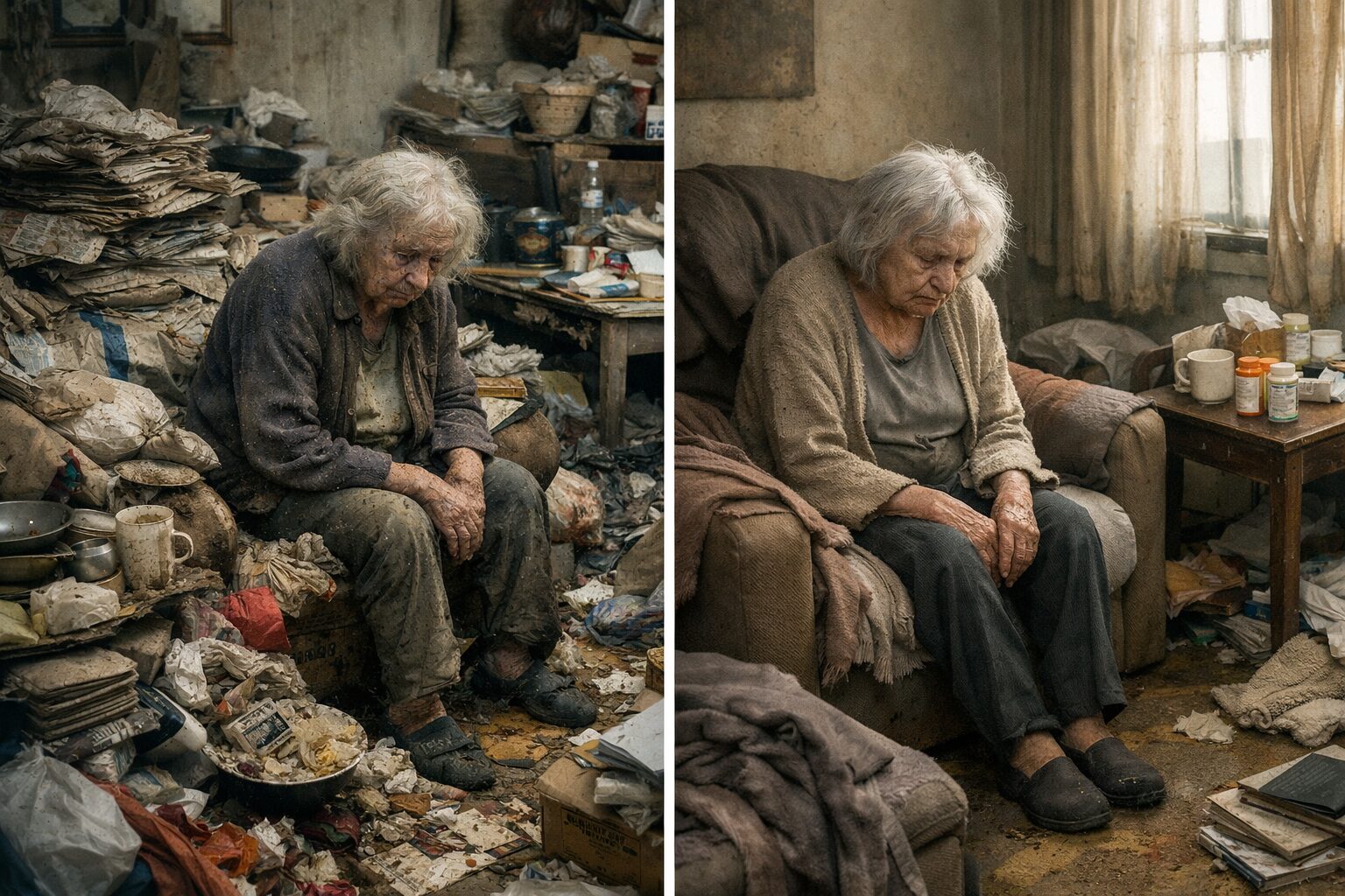 Illustration réaliste d’une personne âgée vivant seule dans un intérieur dégradé, montrant la différence entre syndrome de Diogène et incurie liée à une dépression sévère