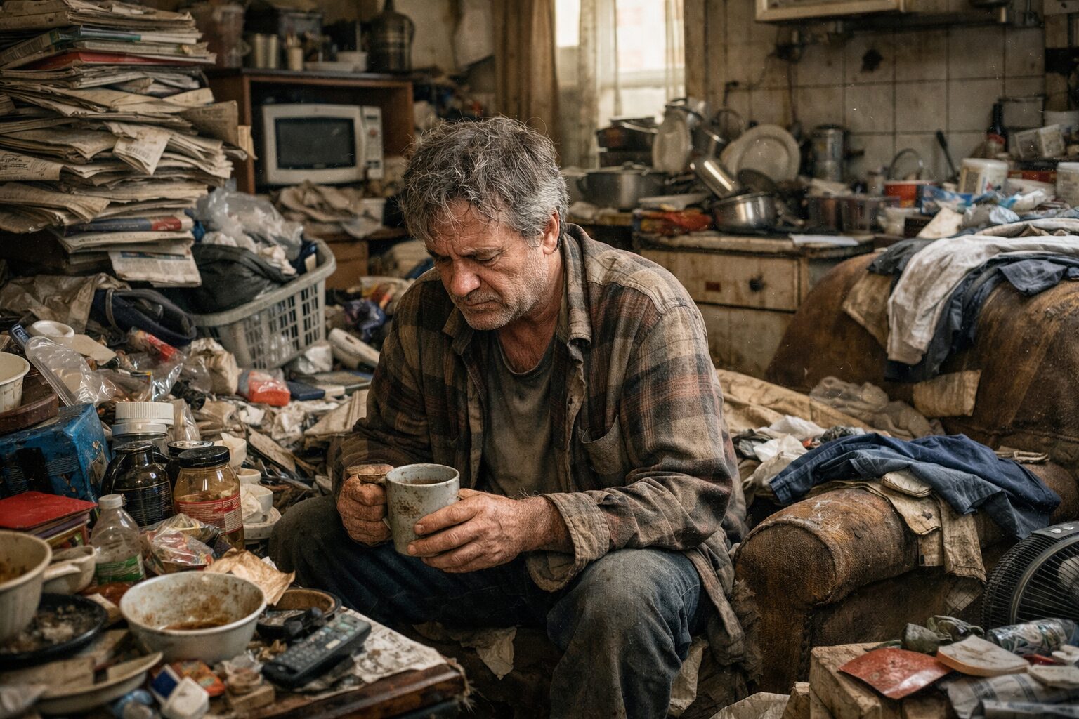Patient atteint du syndrome de Diogène assis dans un logement très encombré illustrant les troubles exécutifs qui empêchent de jeter, trier, laver et entretenir l’espace de vie