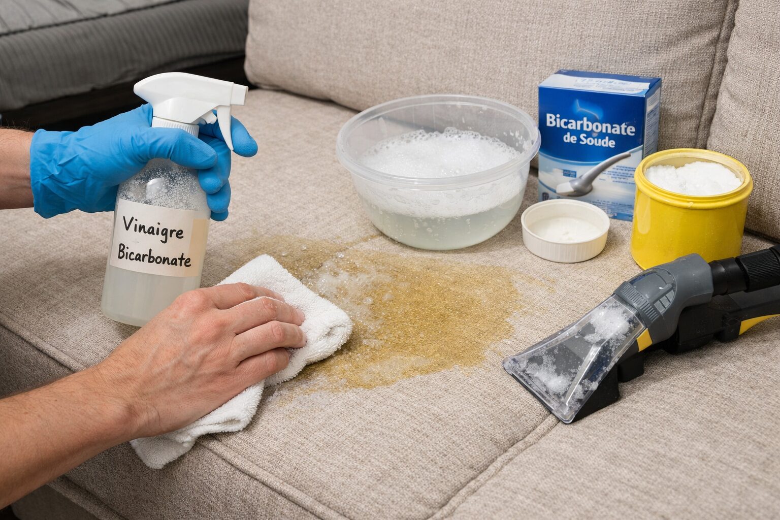 Nettoyage d’un canapé taché par de l’urine animale avec produits adaptés et chiffon absorbant