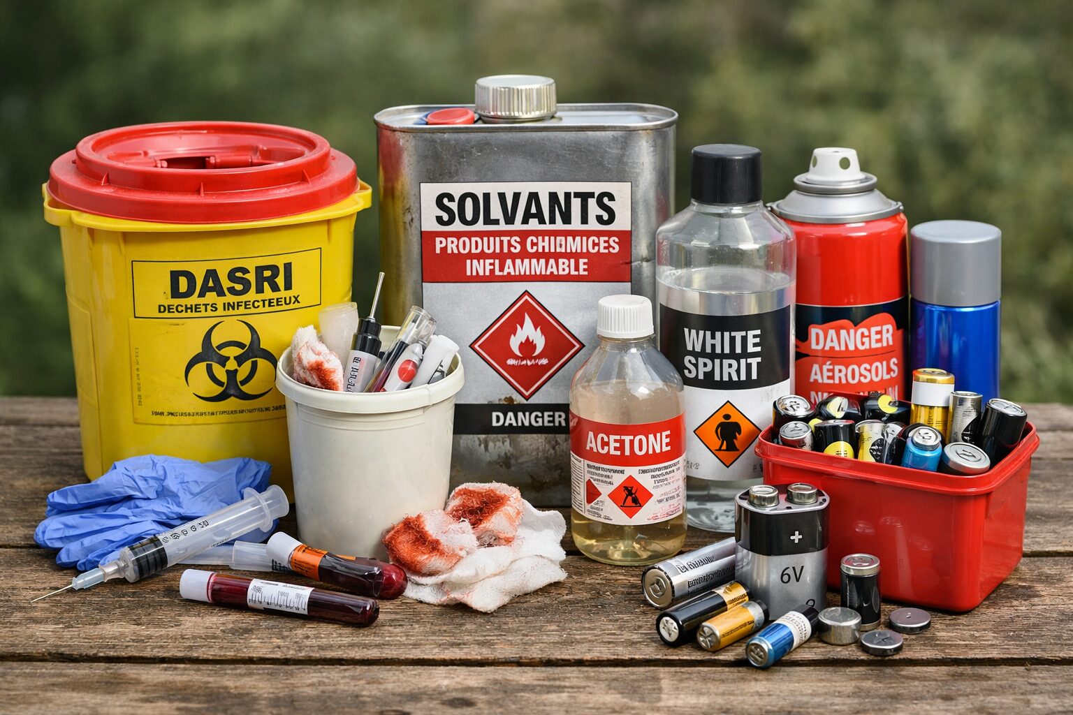 Déchets nécessitant une filière spécifique : DASRI, solvants, aérosols et piles triés pour une collecte adaptée