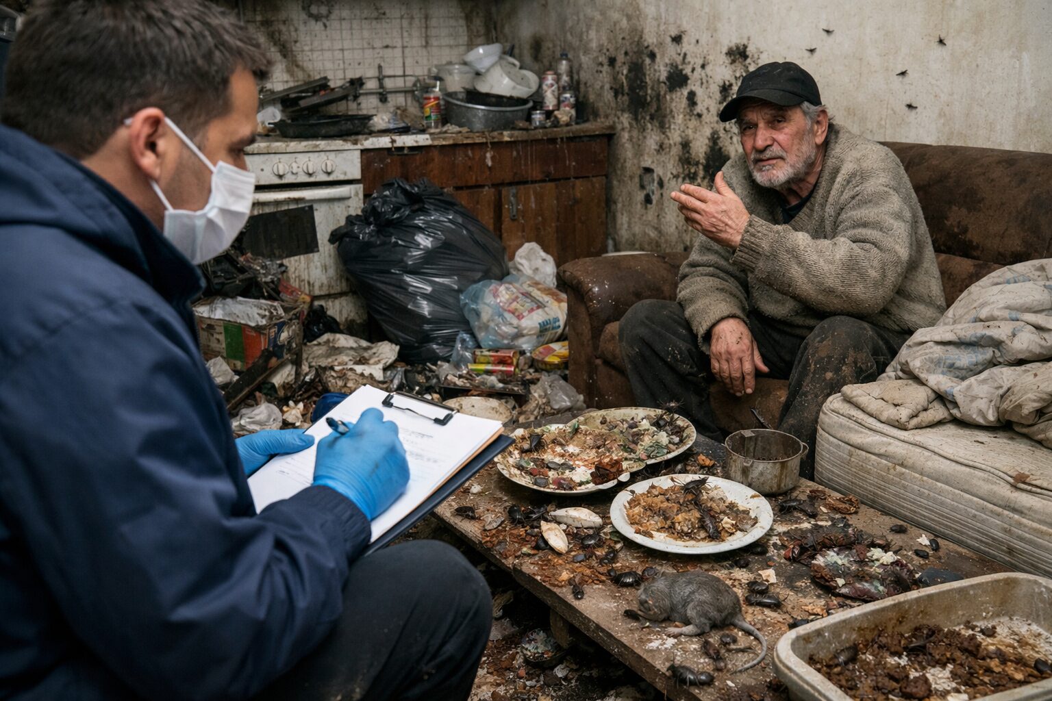 Professionnel de santé évaluant un logement insalubre avec moisissures, déchets, insectes et rongeurs chez un patient qui minimise le danger