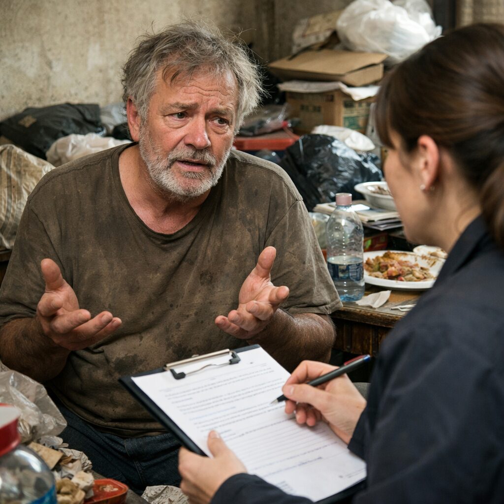 Proche discutant avec une personne vivant dans un logement très encombré pour évaluer les conséquences sanitaires de son refus d’aide