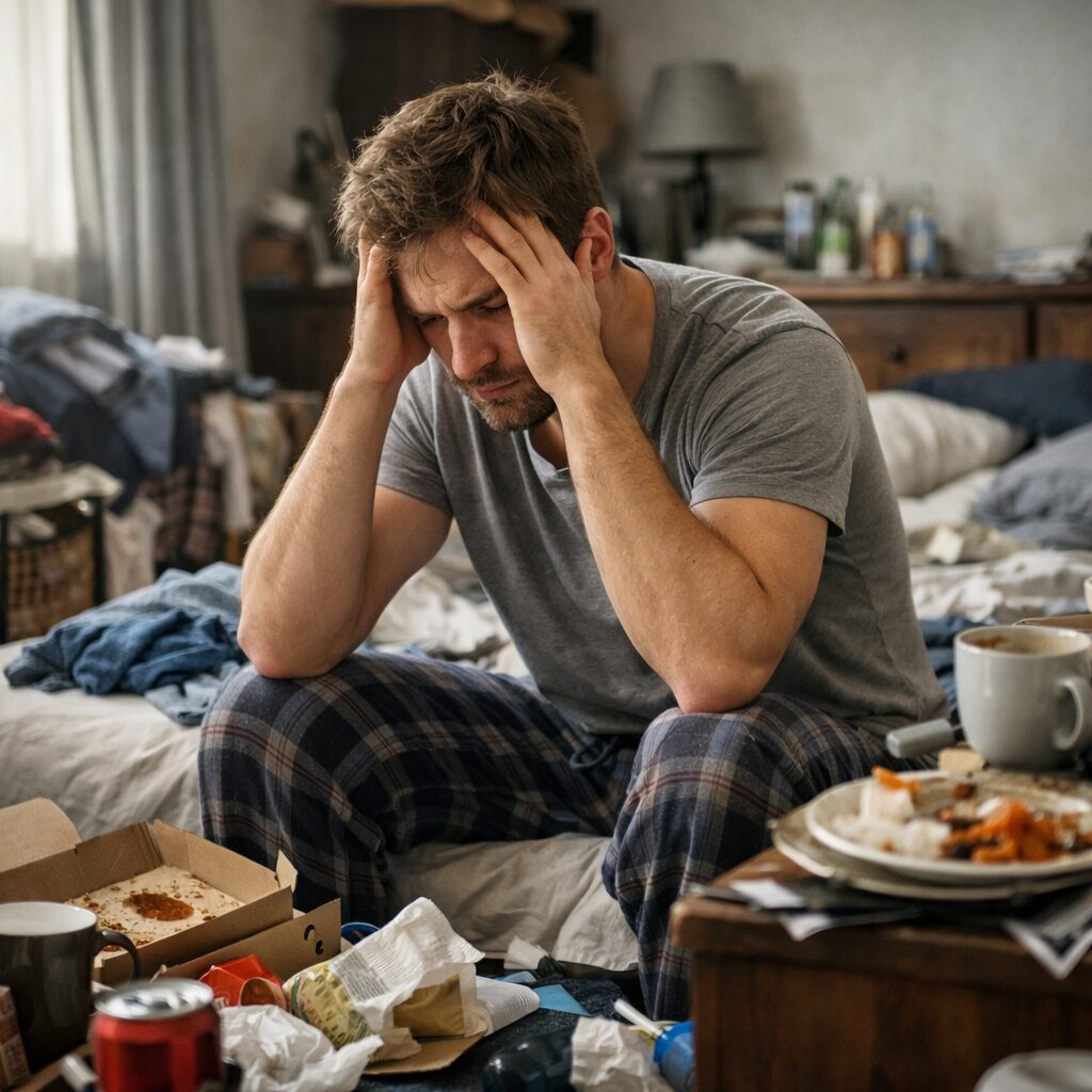 Patient assis dans une chambre en désordre, visiblement dépassé par l’accumulation et l’impossibilité de ranger malgré son intention de le faire
