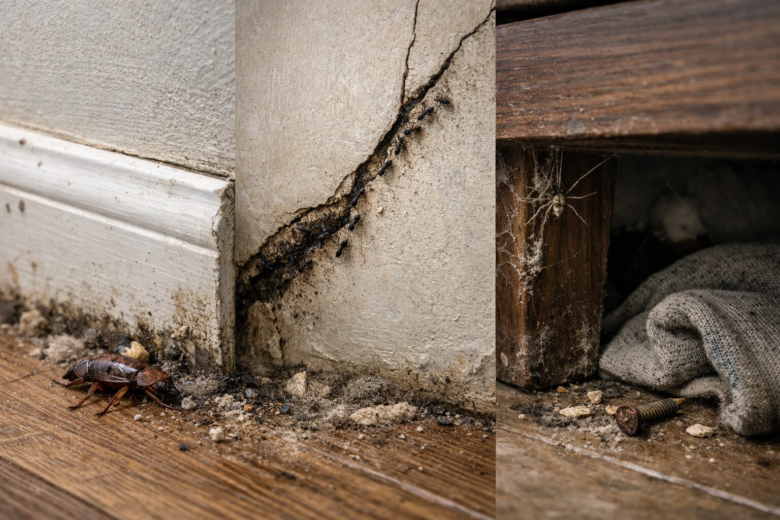 Vue réaliste de zones oubliées souvent contaminées dans une habitation : plinthe sale, fissure murale et dessous de meuble avec poussière et saletés accumulées