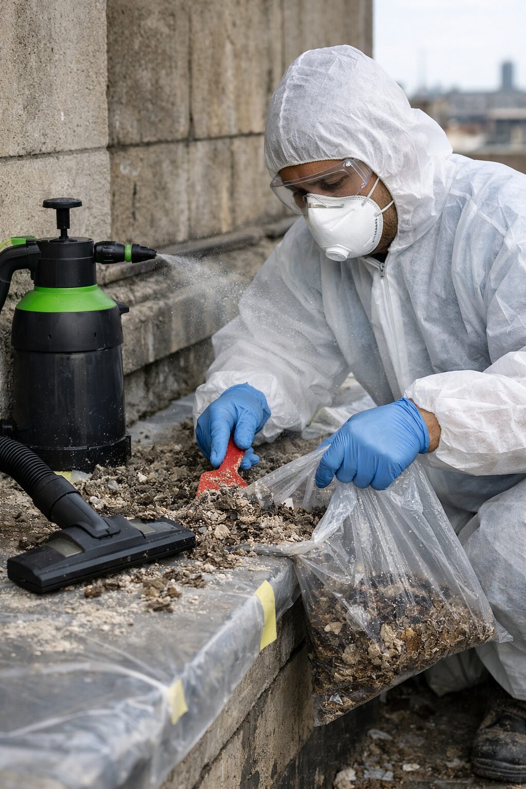 Nettoyage humide de fientes de pigeons par un professionnel équipé d’une combinaison, d’un masque et de gants pour éviter la remise en suspension des poussières contaminées