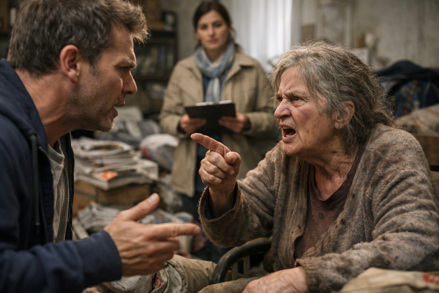 Patiente atteinte du syndrome de Diogène en conflit avec son fils devant un intervenant extérieur non jugeant dans un logement encombré