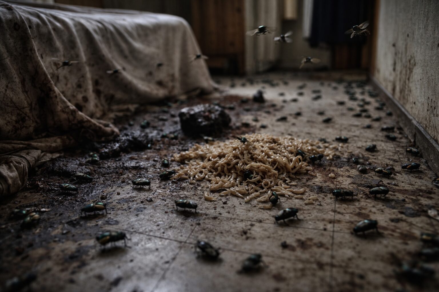 Mouches et asticots dans un logement fermé après un décès, illustration réaliste d’une infestation nécrophage en intérieur