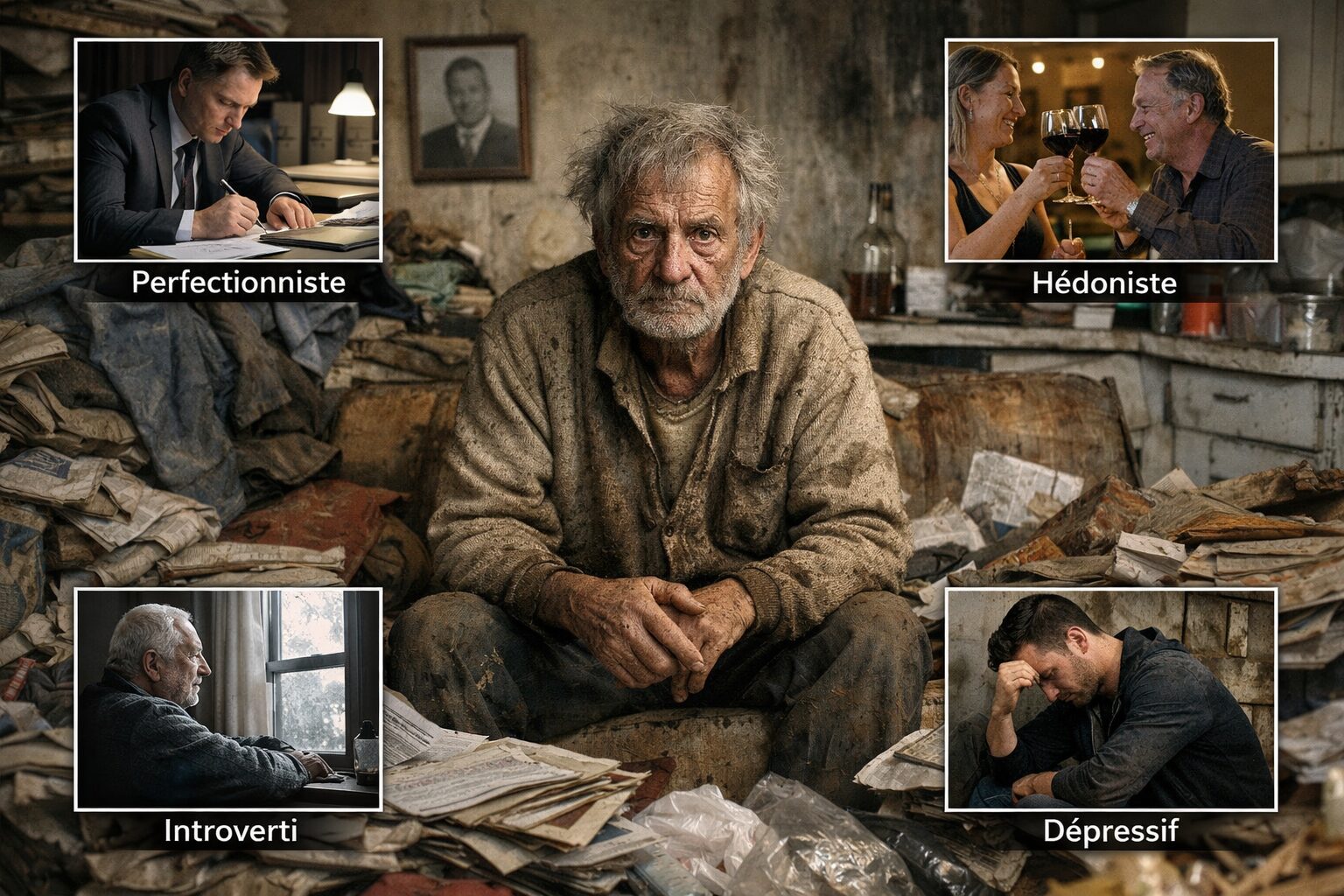 Illustration réaliste du syndrome de Diogène sévère montrant une personne âgée dans un logement très encombré, en lien avec les profils de personnalité antérieurs fréquemment observés
