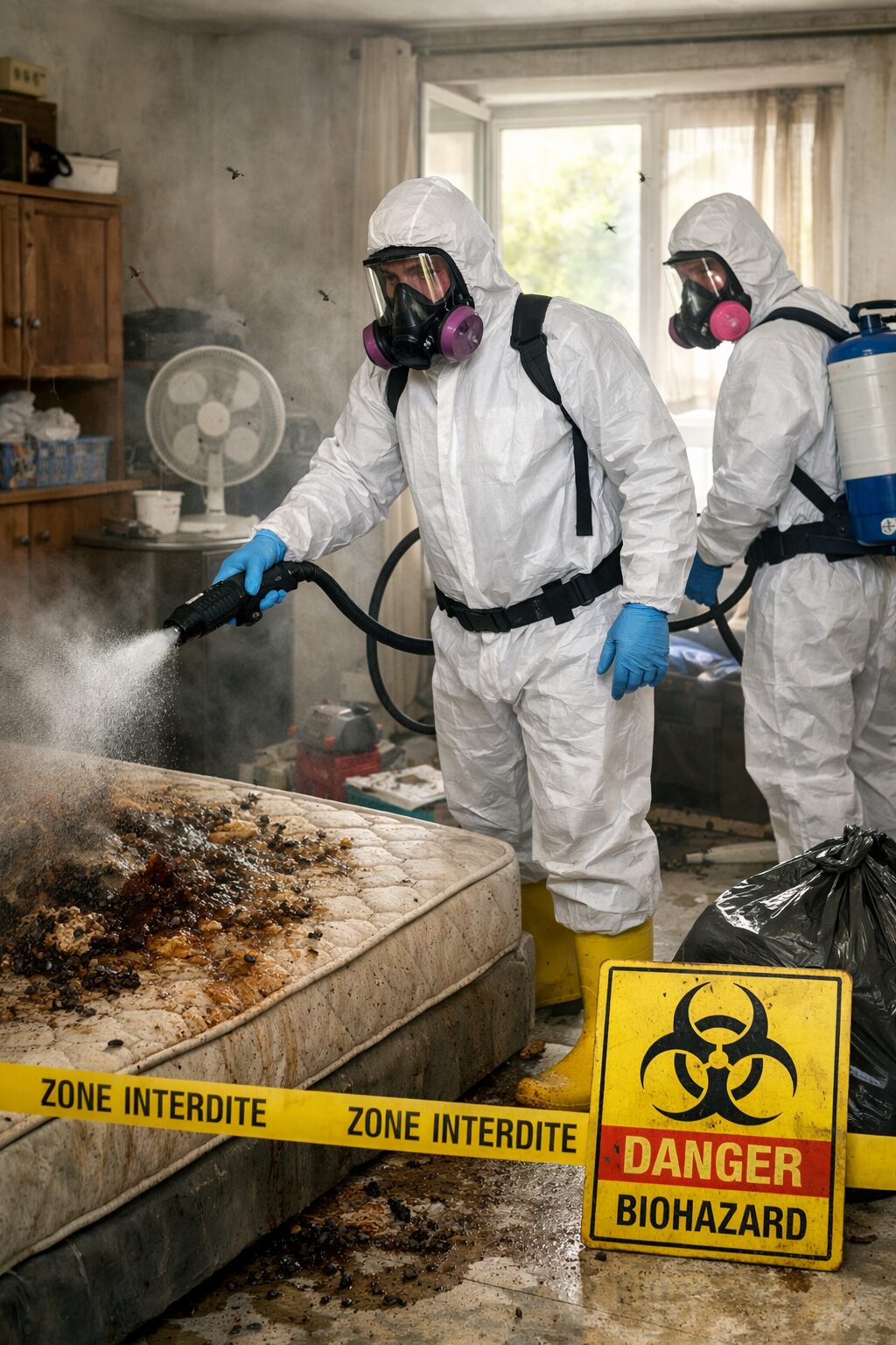 Équipe de désinfection après décès intervenant en urgence dans un logement après une découverte tardive par forte chaleur