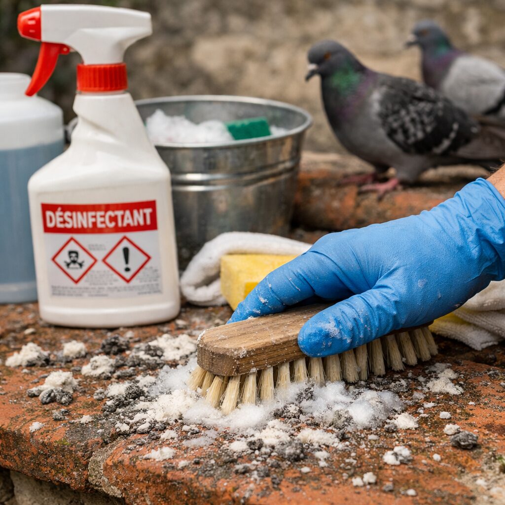 Désinfection de fientes de pigeons sur une surface poreuse avec brosse, gants et produit désinfectant