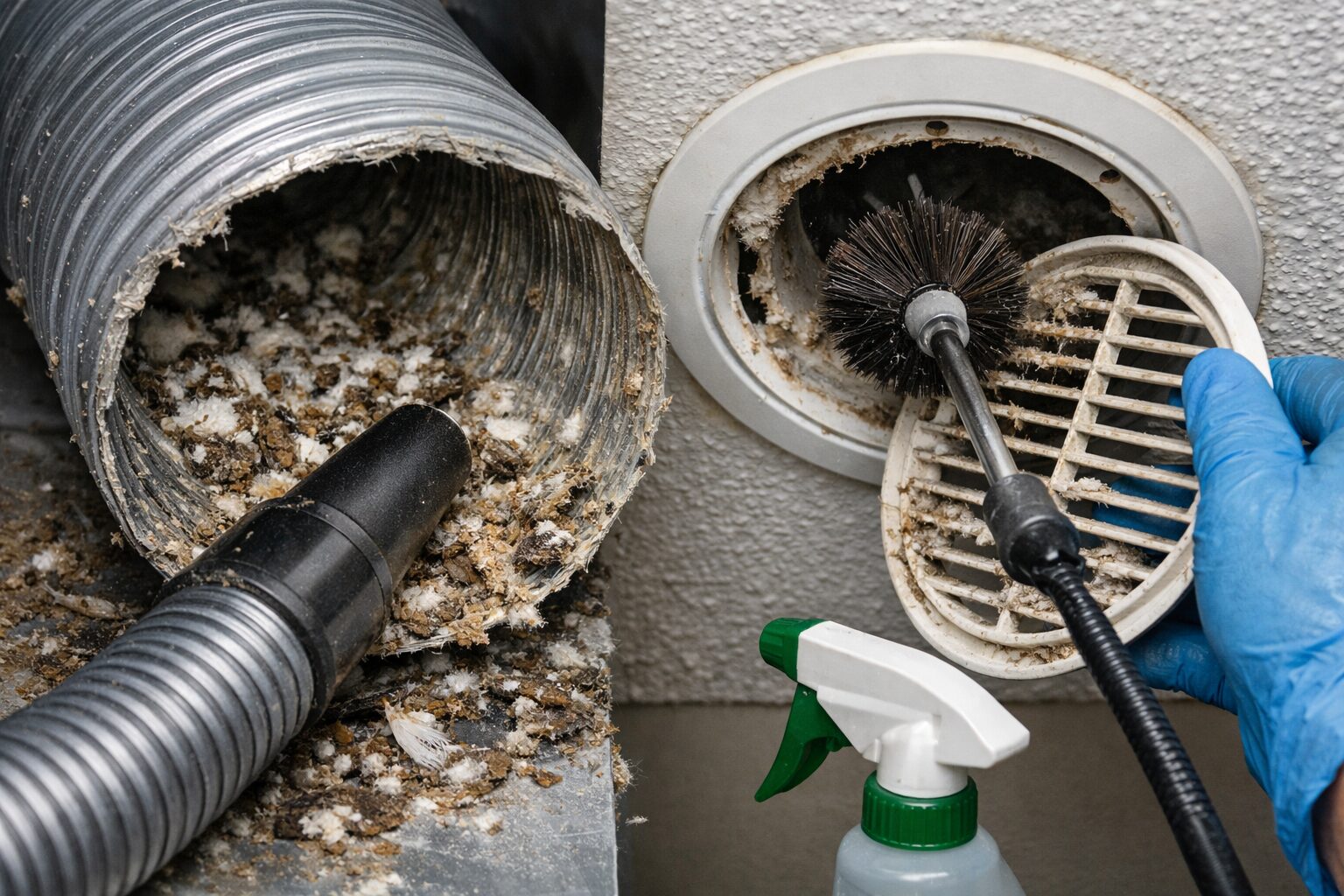 Nettoyage de fientes dans une ventilation avec gaine et bouche d’aération encrassées