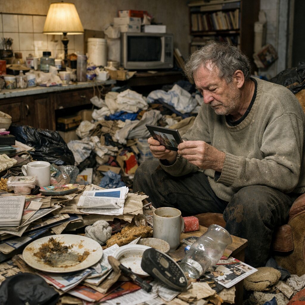 Personne âgée dans un logement très encombré évoquant un syndrome de Diogène lié à une atteinte cognitive débutante Personne âgée dans un logement très encombré évoquant un syndrome de Diogène lié à une atteinte cognitive débutante