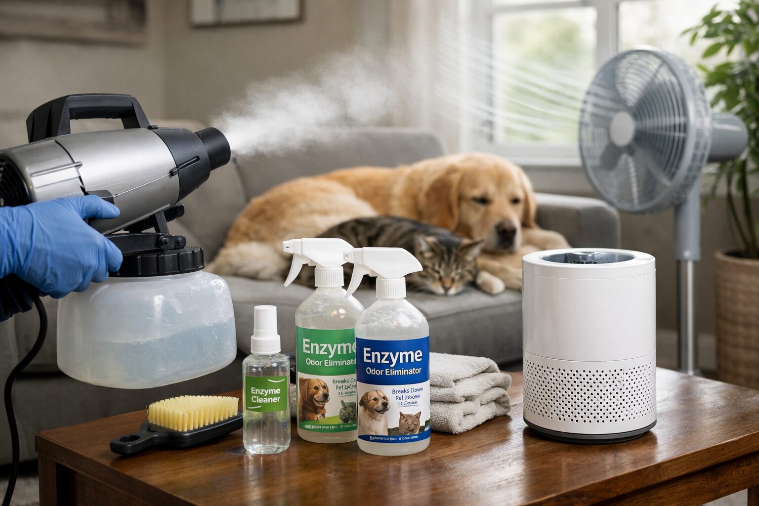 Neutralisation des odeurs animales dans un salon avec nettoyage enzymatique, nébulisation professionnelle et ventilation naturelle