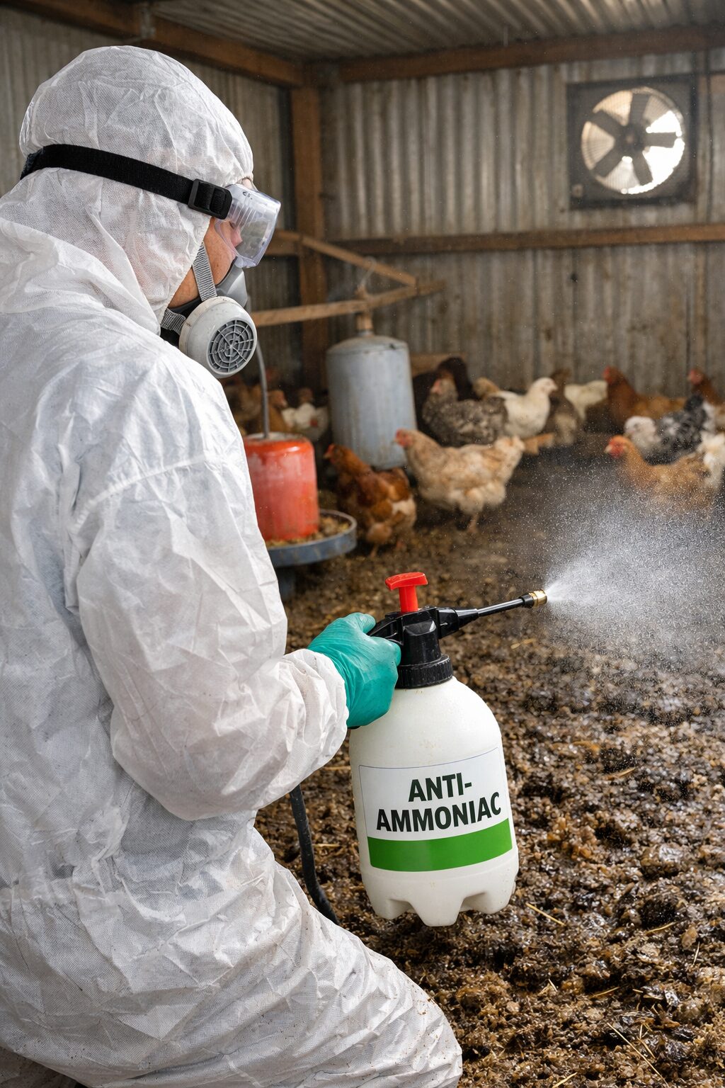 Traitement de l’odeur d’ammoniac causée par des fientes dans un local fermé avec nettoyage, désinfection et ventilation