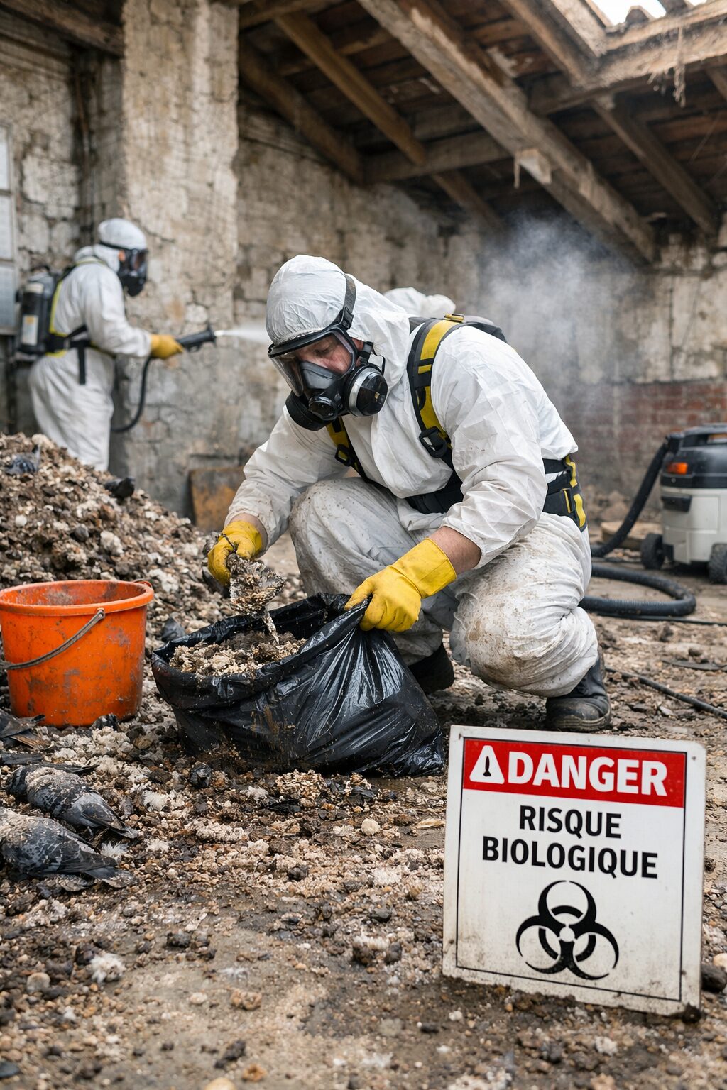 Technicien en tenue de protection nettoyant, désinfectant et évacuant des fientes de pigeons dans un espace fortement souillé