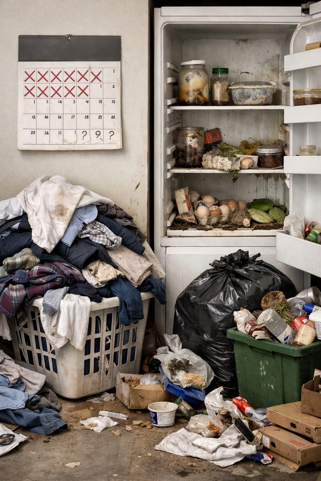 Patient en situation de désorganisation temporelle avec linge accumulé, réfrigérateur négligé et poubelles non sorties dans un logement encombré.