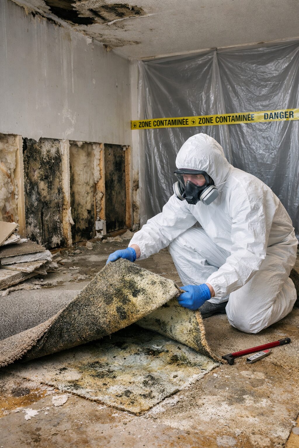 Retrait d’une moquette contaminée avec sous-couche et placo dégradés par l’humidité et les moisissures