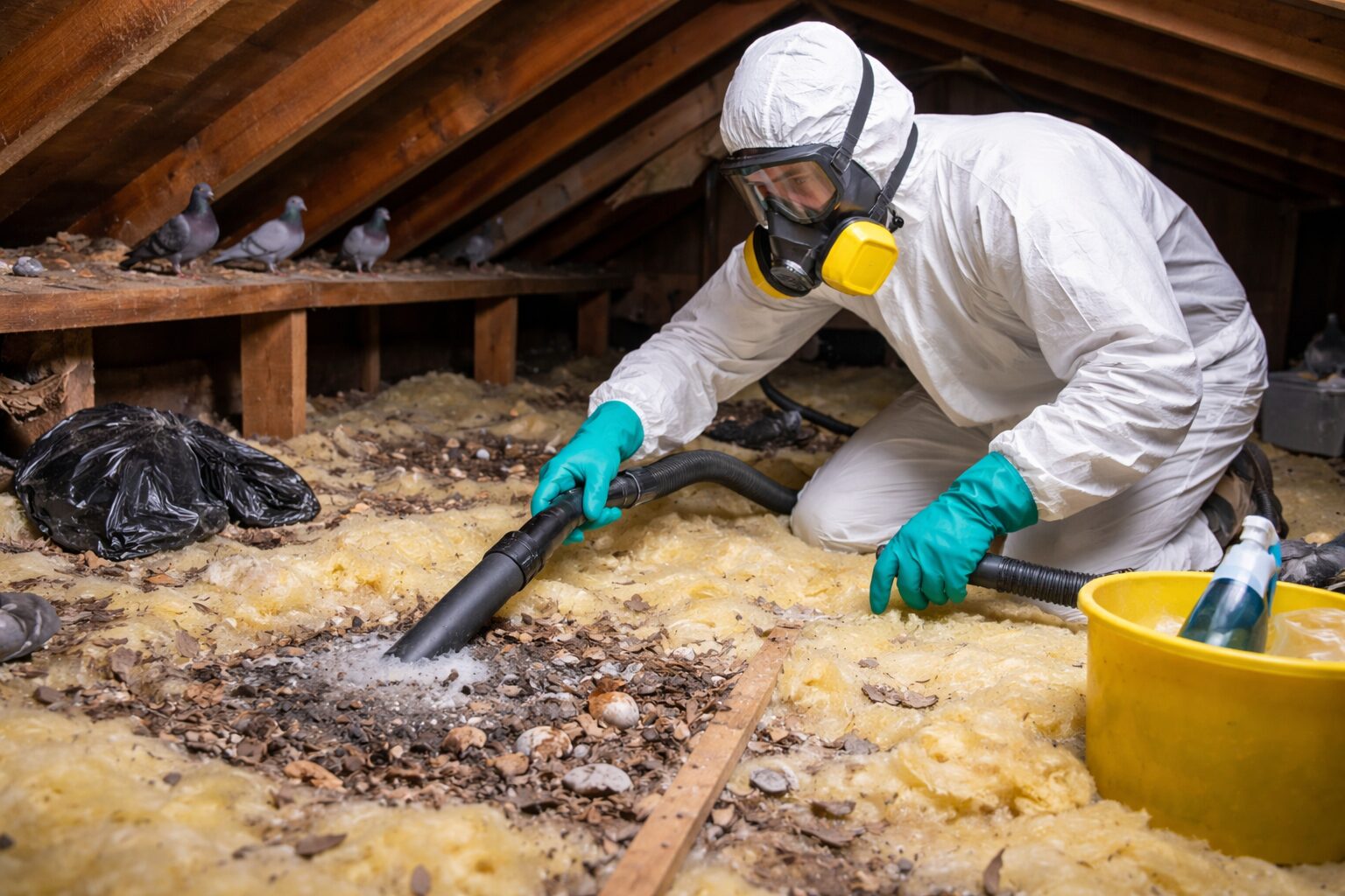 Technicien nettoyant des combles isolés contaminés par des pigeons sans détériorer l’isolation
