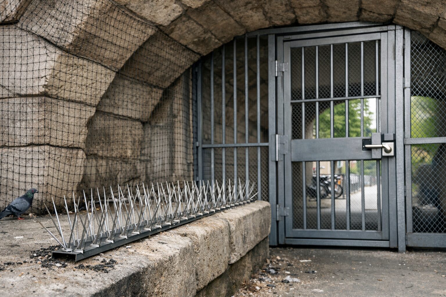 Solutions durables anti-pigeons avec filet de protection, pics inox et fermeture d’accès sur un bâtiment en pierre