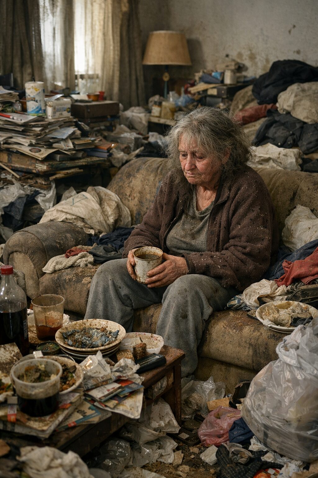 Femme âgée assise dans un logement très encombré illustrant l’isolement et l’évolution silencieuse du syndrome de Diogène