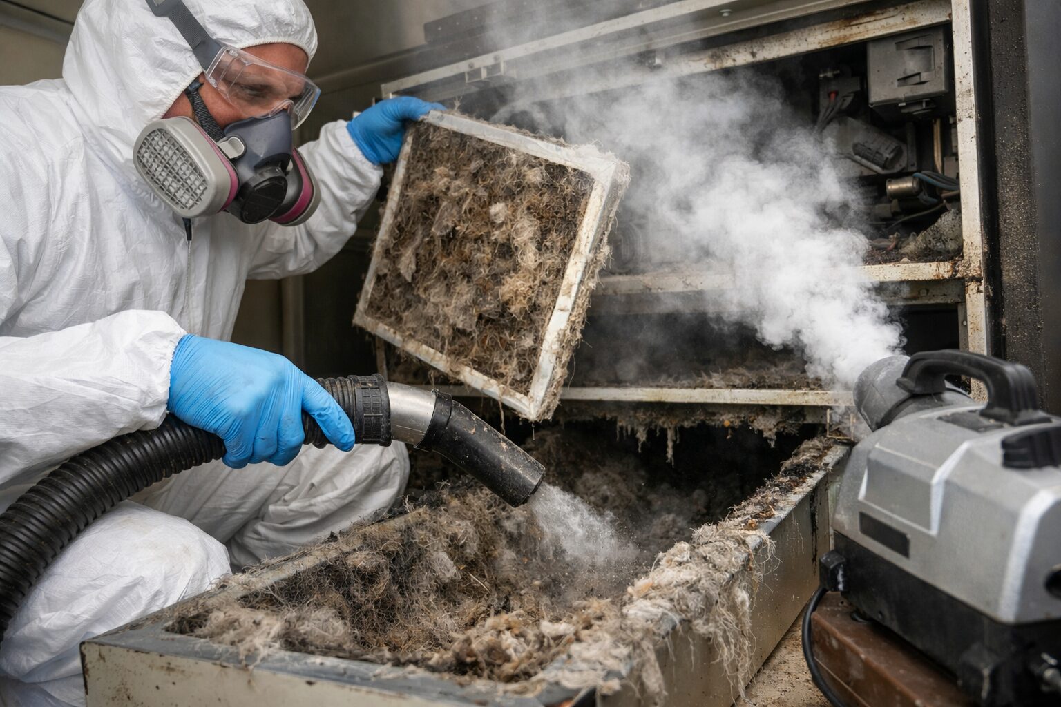 Technicien en combinaison nettoyant une ventilation saturée d’odeurs et de particules animales avec filtre encrassé