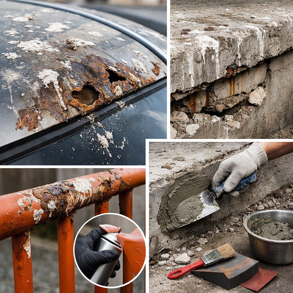 Dégâts causés par les fientes d’oiseaux sur métal peint, béton et garde-corps rouillé avec exemples de réparation