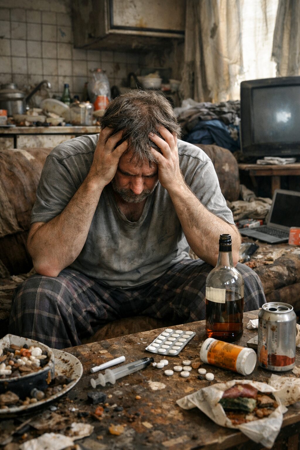 Personne assise dans un logement très dégradé, illustrant les symptômes associés à l’incurie du logement pouvant évoquer un trouble de l’humeur, une addiction ou une pathologie neurologique.