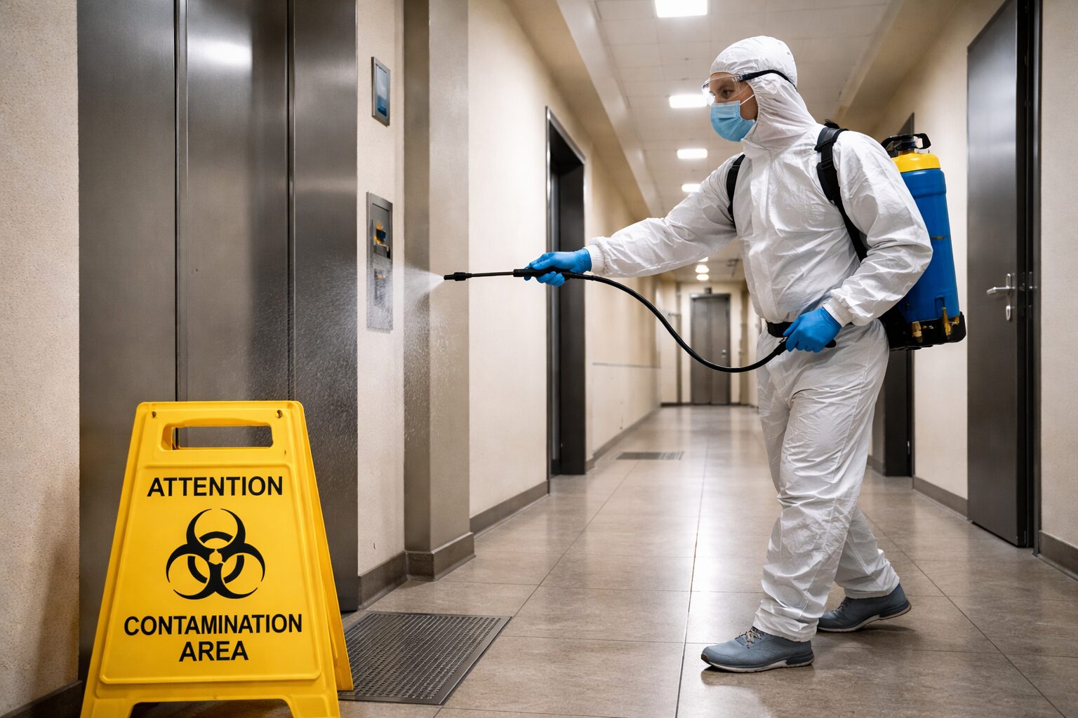 Agent de désinfection dans un couloir nettoyant les boutons d’ascenseur pour limiter la contamination vers les parties communes