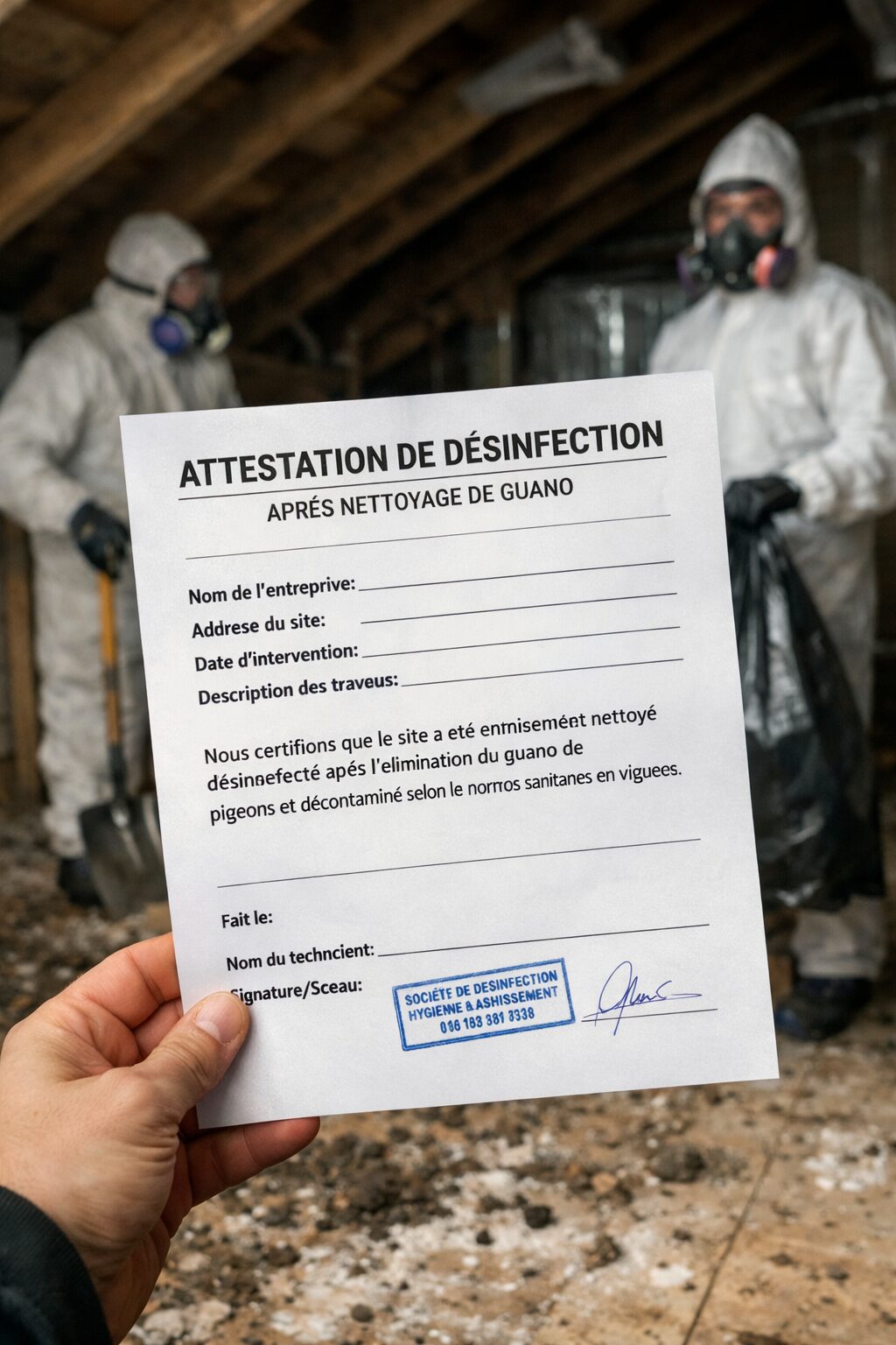 Attestation de désinfection après nettoyage de guano dans des combles avec techniciens en tenue de protection