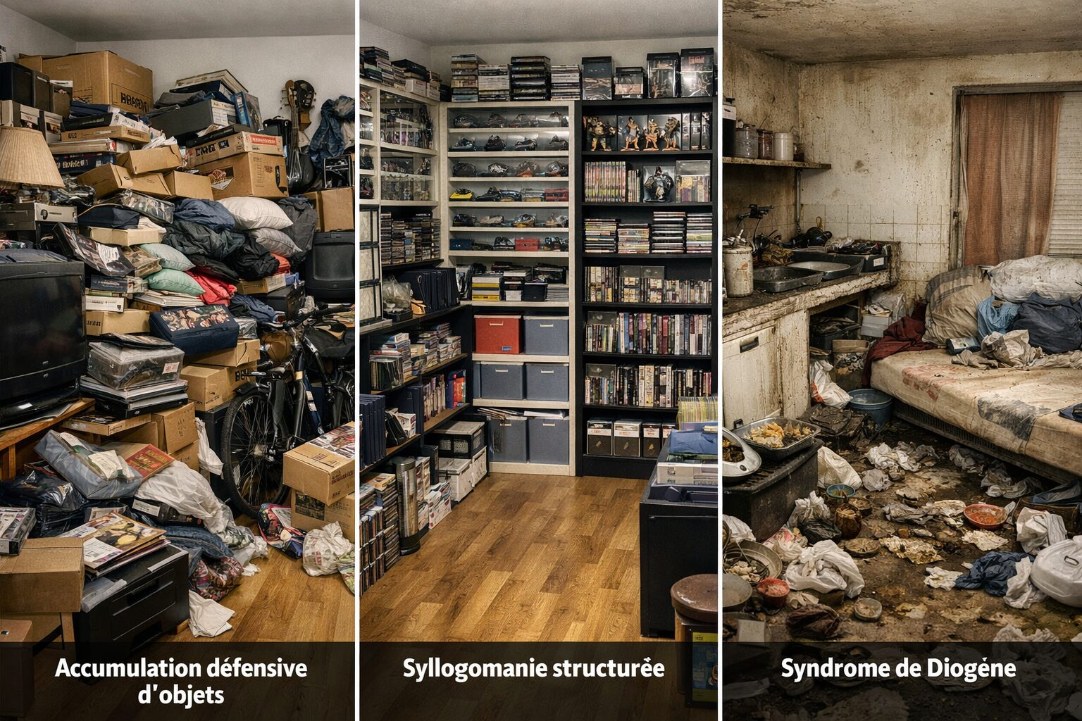 Illustration ultra réaliste comparant une accumulation défensive d’objets, une syllogomanie structurée et un syndrome de Diogène avec abandon de l’hygiène