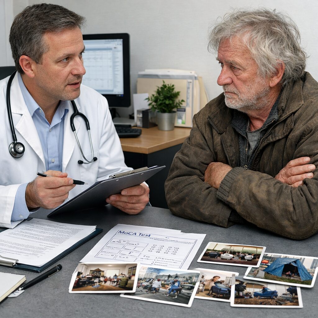 Médecin évaluant la capacité de consentement d’un patient réticent lors d’un entretien médical en cabinet