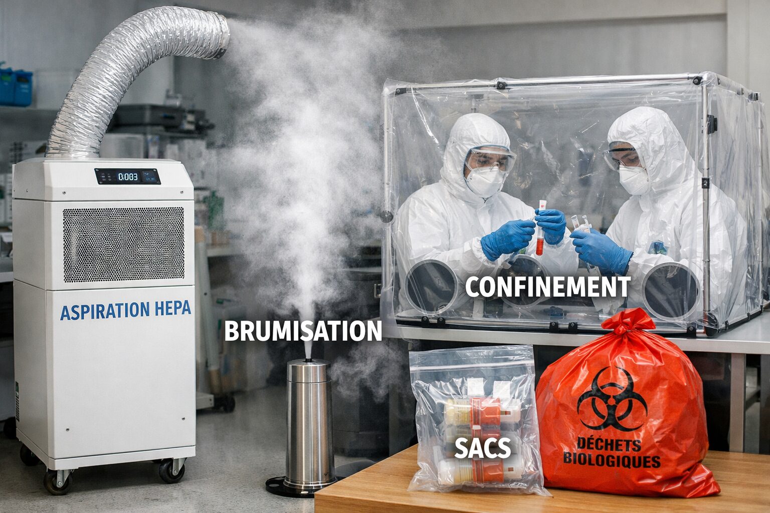 Système de prévention de la contamination de l’air avec aspiration HEPA, brumisation, confinement de zone et sacs de collecte des déchets