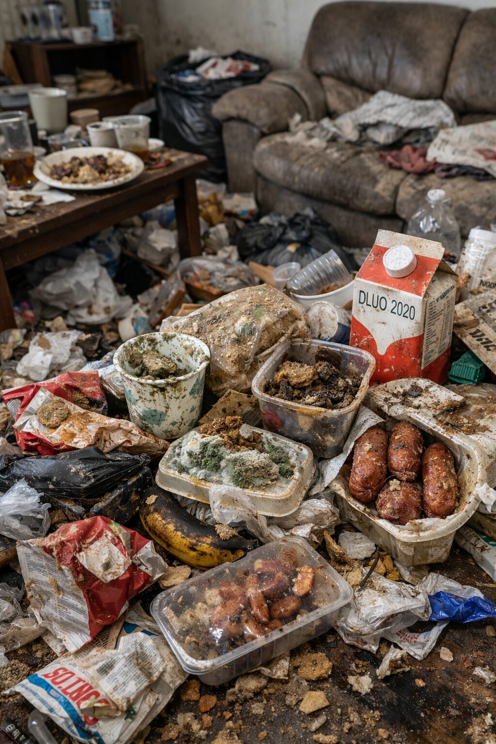 Zone de vie active encombrée avec emballages souillés, aliments périmés et déchets organiques dans un logement lié au syndrome de Diogène