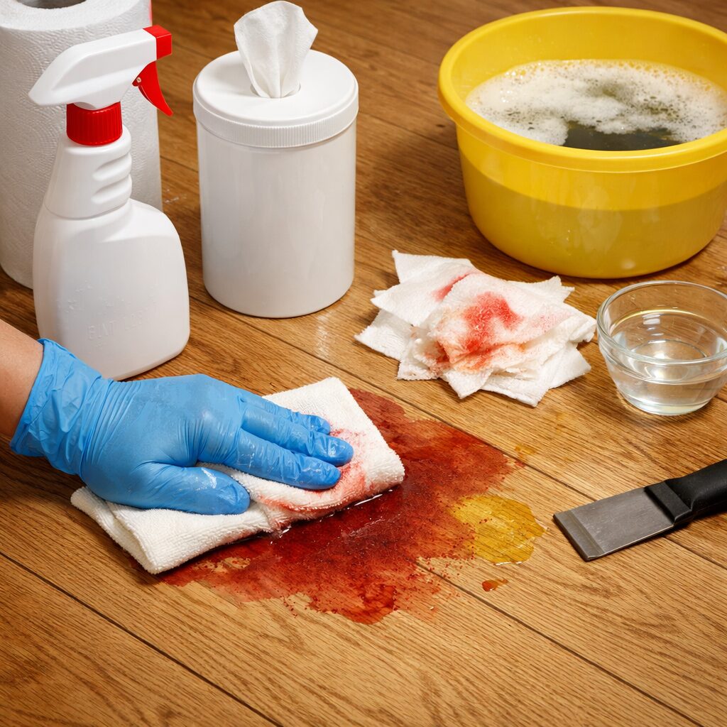 Nettoyage de fluides corporels sur parquet avec chiffon absorbant sans propagation entre les lames