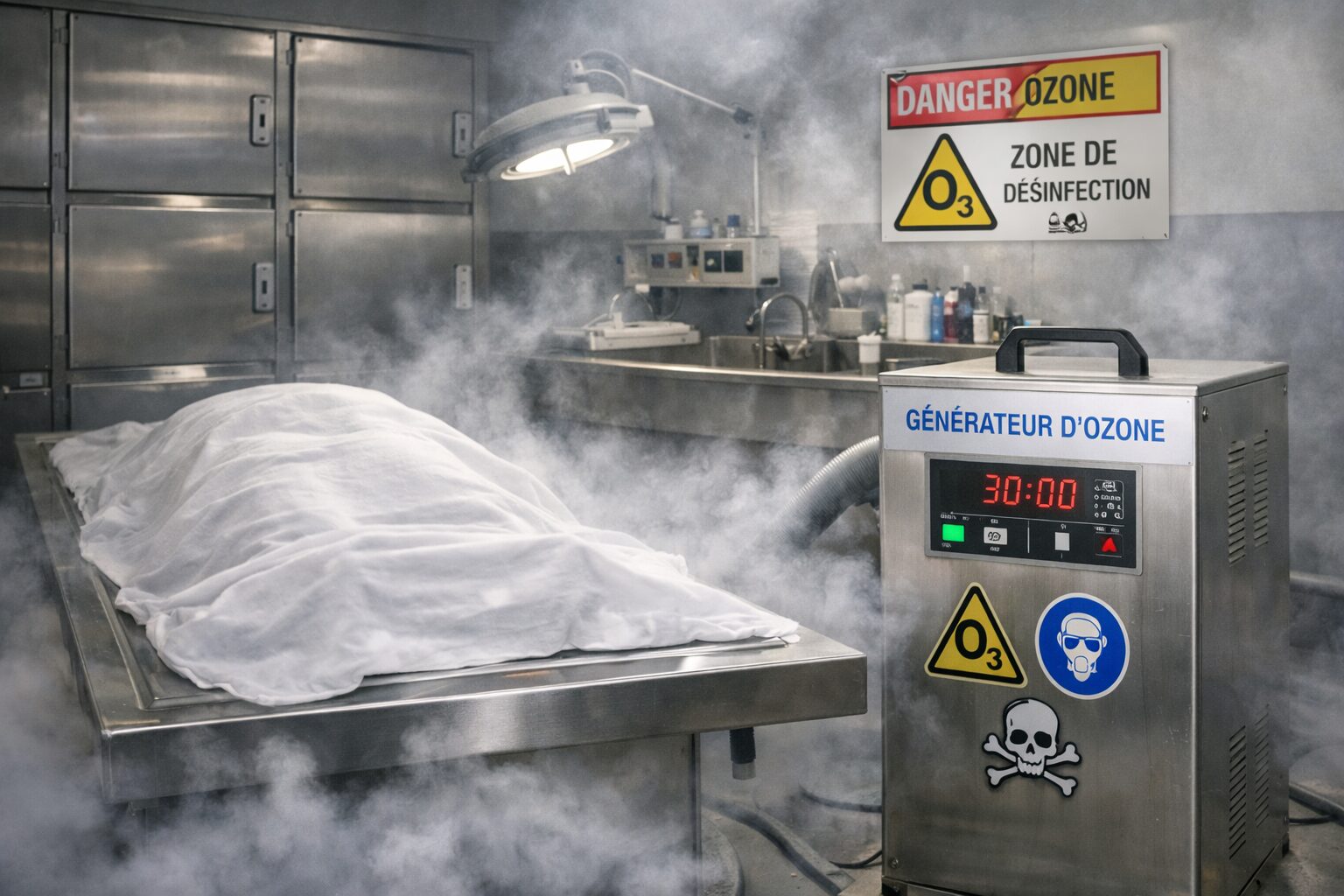 Générateur d’ozone dans une salle technique de désinfection post-mortem avec signalétique de sécurité et protocole de traitement de l’air